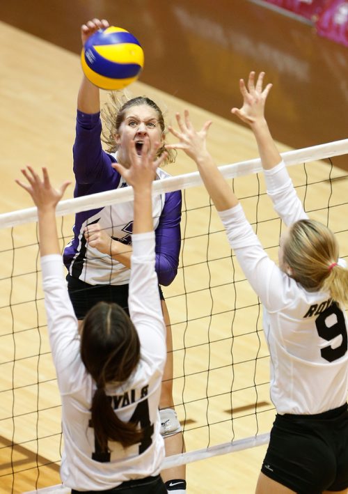 JOHN WOODS / WINNIPEG FREE PRESS
Vincent Massey Vikings' Jayde Hansen-Young (3) spikes the ball against Lord Selkirk Regional Royals' Sheridan Wagner (14) and Kaitlin Whitelam (9) in the 2017 MHSAA AAAA JV Provincial Volleyball final at the University of Manitoba Monday, November 27, 2017. Lord Selkirk defeated Vincent Massey in three straight sets to win the championship.