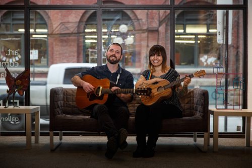 MIKE DEAL / WINNIPEG FREE PRESS
Nathaniel Good and Jessee Havey are the local folk duo, Nation of Two, who performed for a Winnipeg Free Press Exchange Sessions at the Finch Gallery Workspace.
171128 - Tuesday, November 28, 2017.