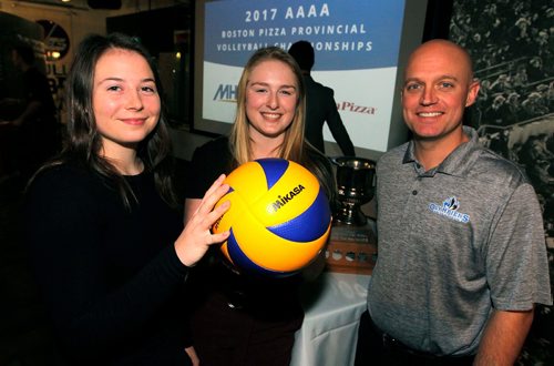 BORIS MINKEVICH / WINNIPEG FREE PRESS
2017 AAAA Boston Pizza Volleyball Championships press conference at Sport for Life Centre/Manitoba Sports Hall of Fame. From left, Collège Jeanne-Sauvé Olympiens volleyball players Katreena Bentley, Julia Arnold, and coach Ben Albrecht pose for a photo. Nov. 28, 2017