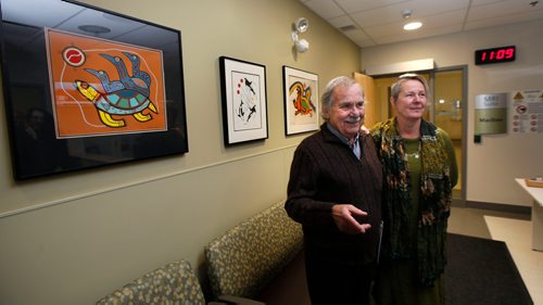 WAYNE GLOWACKI / WINNIPEG FREE PRESS

 Gary Scherbain owner of the Wah-sa Gallery and Shirley Grierson, Executive Director, Artists in Healthcare Manitoba with art work recently hung in the MRI waiting room at Grace Hospital. The launch of the Art Donation Program for Health Care Facilities took place Tuesday.  Erik Pindera story  Nov. 28  2017