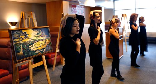 WAYNE GLOWACKI / WINNIPEG FREE PRESS

At left,  Jenna Voth with Landscape Dancing (The School of Contemporary Dancers) perform at the launch of the Art Donation Program for Health Care Facilities Tuesday at Grace Hospital. Landscape Dancing connects dance and the community, they recently performed at the St. Boniface Hospital. Erik Pindera story  Nov. 28  2017