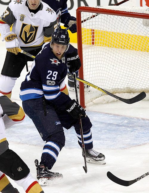 PHIL HOSSACK / WINNIPEG FREE PRESS  - Winnipeg Jet #29 Patrik Laine looks for the puck in front of an open net against the Vegas Golden Knoghts Friday.  - December 1, 2017