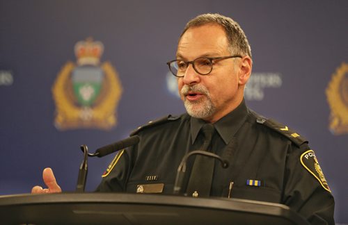 TREVOR HAGAN / WINNIPEG FRESS
Winnipeg Police Constable Rob Carver answering questions during a press briefing at the headquarters building, Sunday, December 3, 2017.