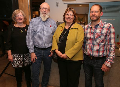 JASON HALSTEAD / WINNIPEG FREE PRESS

L-R: Gayle Restall (University of Manitoba researcher who works with Nine Circles), Alan Turner (Our Own Health Centre), Laurie Ringaert (Nine Circles) and Mike Tutthill at Nine Circles Community Health Centres Crimson & Cocktails: A World AIDS Day Mixer on Dec. 1, 2017, at Forth in the Exchange District. (See Social Page)