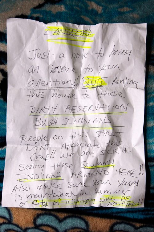 BORIS MINKEVICH / WINNIPEG FREE PRESS
An Indigenous family was in the process of moving into a rental home on Kensington St. when they discovered an anonymous neighbour had left a note for their new landlord.   This is the note. RYAN THORPE STORY. Dec. 4, 2017