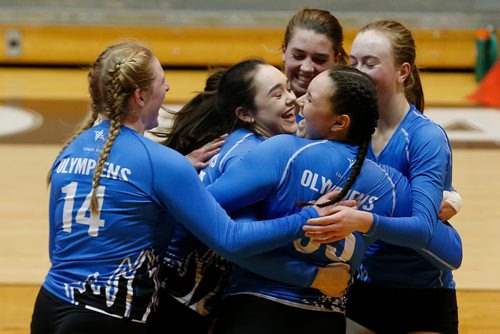 JOHN WOODS / WINNIPEG FREE PRESS
College Jeanne-Sauve Olympiens celebrate defeating the Portage Collegiate Saints in the 2017 Manitoba High Schools Athletic Association AAAA Provincial High School Volleyball Championships at the University of Manitoba Monday, December 4, 2017.