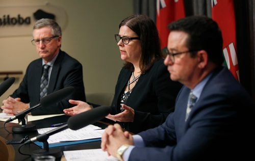 WAYNE GLOWACKI / WINNIPEG FREE PRESS

Justice Minister Heather Stefanson with at left, Blaine Pedersen, Growth, Enterprise and Trade Minister and Jeff Wharton, Municipal Relations Minister at the news conference in the  Manitoba Legislative building  Tuesday regarding retailing of cannabis act.   Israel  Solomon Larry Kusch  story Dec. 5  2017 
