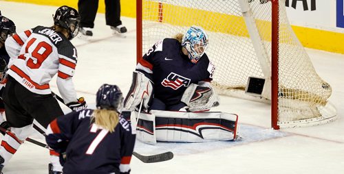 PHIL HOSSACK / WINNIPEG FREE PRESS  - Team USA netminder Alex Rigsby looks over her shoulder at Team Canada #11 Jillian Saulner's game winning goal bulging in the net late in the third period at MTS Place Tuesday evening. See story.. -  December 5, 2017