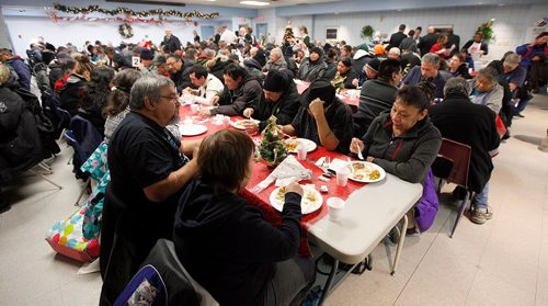 PHIL HOSSACK / WINNIPEG FREE PRESS  - A full sitting of hungry participants a the annual Salvation Army Christmas Dinner. Over 1000 were served last Christmas, the Sally Anne cooks were prepped for 1200 this year and were dishing it out to 150 at each sitting. See release. -  December 6, 2017