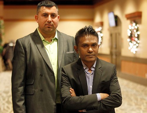 PHIL HOSSACK / WINNIPEG FREE PRESS  - Rohingyan,  Mohammed Tayeb  (front) and Yazidi, Hadji Hesso pose at the annual Stronger Together Manitoba coalition event that aims to counter negative attitudes toward newcomers. -This year theyre focusing on Yazidis and Rohinya Muslims. Carol Sanders story. -  December 8, 2017