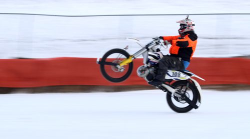 TREVOR HAGAN / WINNIPEG FREE PRESS
Bruce Deane (108) of Winnipeg during warmup in the Ice Bike Pro Open Final during CPTC racing in Beausejour, Sunday, December 10, 2017.