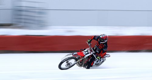 TREVOR HAGAN / WINNIPEG FREE PRESS
Kim Houde (71) of Winnipeg in the Ice Bike Pro Open Final during CPTC racing in Beausejour, Sunday, December 10, 2017.