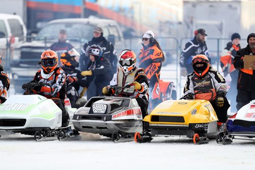 TREVOR HAGAN / WINNIPEG FREE PRESS
Racers in the pit prior to the PM 340/SM 340SS 440 Final during CPTC racing in Beausejour, Sunday, December 10, 2017.