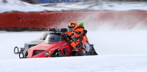 TREVOR HAGAN / WINNIPEG FREE PRESS
Matt Szalai (37), from Garson, leads Greg Shepertycky (707) from Rocky Mountain House, AB, during the IFS 440x Final during CPTC racing in Beausejour, Sunday, December 10, 2017.