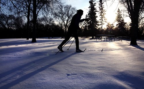 RUTH BONNEVILLE / WINNIPEG FREE PRESS

A cross country skier takes advantage of the fresh fallen snow to cut tracks in the long shadows of the morning light Monday at Assinibone Park.
Standup 
Dec 11, 2017