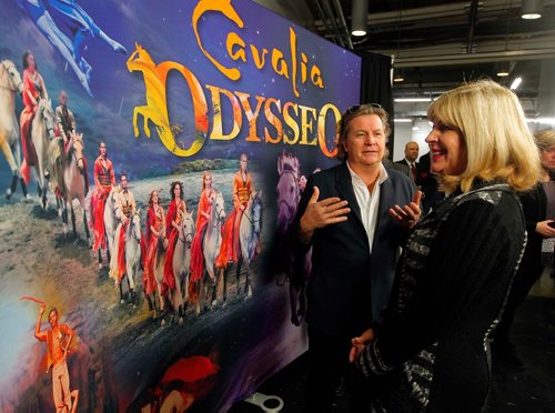 BORIS MINKEVICH / WINNIPEG FREE PRESS
Cavalia Odysseo, the worlds largest touring production, returns to Winnipeg press conference at Bell MTS Place. From left, Normand Latourelle, Cavalia Odysseo's Founder & Artistic Director talks about it with The Honourable Cathy Cox, Minister of Sport, Culture and Heritage, Province of Manitoba. Dec. 12, 2017