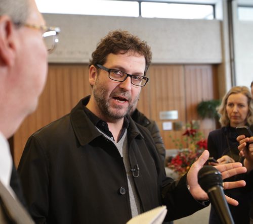 RUTH BONNEVILLE / WINNIPEG FREE PRESS

Winnipeg Community Taxi Coalition representative Scott McFadyen talks to the media at City Hall Tuesday during break in council session debating  budget for  2018 and ride for hire services like Uber.

See Aldo Santin's story.  

Dec 12, 2017