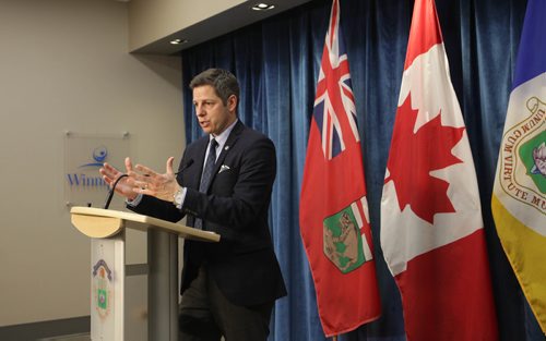 RUTH BONNEVILLE / WINNIPEG FREE PRESS

Mayor Brian Bowman talks to the media at presser during break in session Tuesday.

Winnipeg's City council debate budget for  2018 at City Hall Tuesday.  
Some of the debates are on a 25-cent transit fare hike, taxi services and a $1.50-an-hour rise in parking costs.



Dec 12, 2017