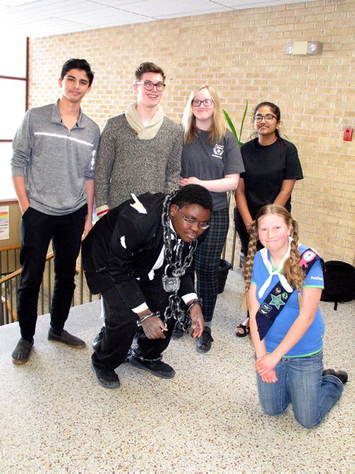 Canstar Community News Dec. 13, 2017 - Pictured clockwise, from top left: Anis Zeid, Kelsen Hadder, Maia Woods-Chliboyko, Ridhima Singla, Alyson Doiron, and Leon Gozho. Each of these students has a key role in Nelson McIntyre Collegiate's upcoming production of Young Ebenezer - A Contemporary Telling of the Classic Tale. (SIMON FULLER)