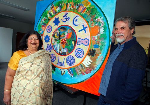 BORIS MINKEVICH / WINNIPEG FREE PRESS
From left, Artists Manju Lodha and Ray Dirks are the winners of the Lt. governor's medal for interreligious dialogue for their work in promoting multifaith education in schools. The art in the photo was done by Manju Lodha. Photo taken at Mennonite Heritage Centre Gallery, 600 Shaftesbury. Dec. 14, 2017