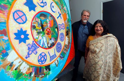 BORIS MINKEVICH / WINNIPEG FREE PRESS
From left Artists Ray Dirks and Manju Lodha are the winners of the Lt. governor's medal for interreligious dialogue for their work in promoting multifaith education in schools. The art in the photo was done by Manju Lodha. Photo taken at Mennonite Heritage Centre Gallery, 600 Shaftesbury. Dec. 14, 2017