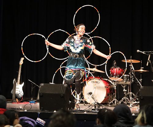 JASON HALSTEAD / WINNIPEG FREE PRESS

Hoop dancer Shanley Spence performs at the West End Cultural Centre's annual holiday dinner and concert on Dec. 6, 2017. (See Social Page)