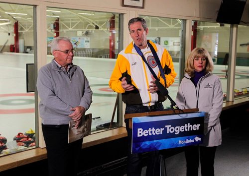 BORIS MINKEVICH / WINNIPEG FREE PRESS
From left, Mark Olson, committee chair, International Curling Centre of Excellence (ICCE), Premier Brian Pallister, and Sport, Culture and Heritage Minister Cathy Cox at press conference announcing $700,000 funding to plan the new International Curling Centre of Excellence (ICCE) in Manitoba. The event happened at Granite Curling Club. Dec. 15, 2017