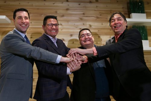 WAYNE GLOWACKI / WINNIPEG FREE PRESS

  From right, Chief Dennis Meeches, Long Plain First Nation, Chief Glen Hudson,Peguis First Nation, Onekanew Christian Sinclair, Opaskwayak Cree Nation and Mark Goliger with National Access Cannabis held a news conference Friday to announce their retail cannabis agreement. Israel Solmon story Dec. 15  2017
