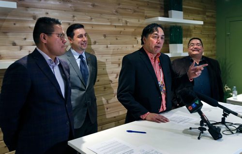 WAYNE GLOWACKI / WINNIPEG FREE PRESS

  From left, Onekanew Christian Sinclair, Opaskwayak Cree Nation, Mark Goliger with National Access Cannabis,  Chief Dennis Meeches, Long Plain First Nation and Chief Glen Hudson,Peguis First Nation at a news conference Friday to announce their  retail cannabis agreement. Israel Solmon story Dec. 15  2017
