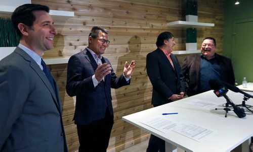 WAYNE GLOWACKI / WINNIPEG FREE PRESS

  From left, Mark Goliger with National Access Cannabis, Onekanew Christian Sinclair, Opaskwayak Cree Nation, Chief Dennis Meeches, Long Plain First Nation and Chief Glen Hudson,Peguis First Nation at a news conference Friday to announce their  retail cannabis agreement. Israel Solmon story Dec. 15  2017