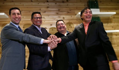 WAYNE GLOWACKI / WINNIPEG FREE PRESS

  From right, Chief Dennis Meeches, Long Plain First Nation, Chief Glen Hudson, Peguis First Nation, Onekanew Christian Sinclair, Opaskwayak Cree Nation and Mark Goliger with National Access Cannabis held a news conference Friday to announce their retail cannabis agreement. Israel Solmon story Dec. 15  2017