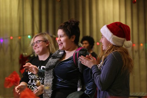RUTH BONNEVILLE / WINNIPEG FREE PRESS

R.B. Russell School students express their excitement after receiving gifts to be given to their loved ones at Think Shift Make Nice Happen, event Friday.  
Think Shift delivered  presents to unprivileged youth so they can in turn give  the gifts to a special friend or family member that they normally would not have the ability to affod at special event Friday.  
 Names of students in photos during their initial reaction to hearing the news.  
Maria Elena Allen (dark hair), Mikayla Malanchuk (red hat) and Sydney Brosch (blond).  
 
Nadiah Sakurai | Intern

Dec 15, 2017
