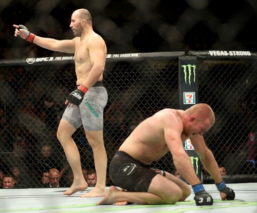 TREVOR HAGAN / WINNIPEG FREE PRESS
Glover Teixeira, defeats Misha Cirkunov during their light heavyweight bout at UFC on Fox 26 at Bell MTS Place, Saturday, December 16, 2017. Teixeira would win by TKO.