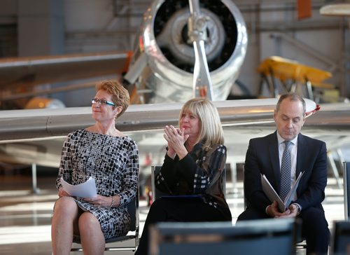 WAYNE GLOWACKI / WINNIPEG FREE PRESS

From left, Helen Halliday, president and CEO, Royal Aviation Museum of Western Canada,  Cathy Cox, Sport, Culture and Heritage Minister and Stephen Borys, director and CEO, Winnipeg Art Gallery at the funding announcement for Manitobas museums, archives and heritage organizations held at the Royal Aviation Museum of Western Canada Tuesday morning.  Nick Martin story Dec. 19  2017