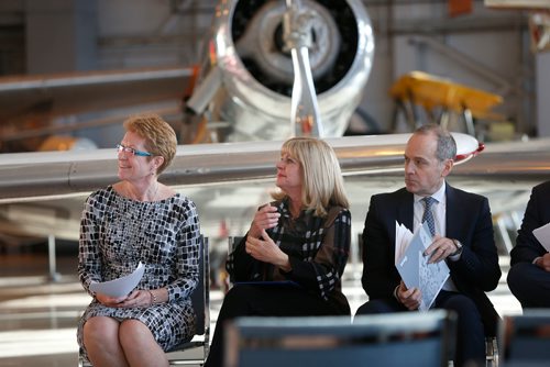 WAYNE GLOWACKI / WINNIPEG FREE PRESS

From left, Helen Halliday, president and CEO, Royal Aviation Museum of Western Canada,  Cathy Cox, Sport, Culture and Heritage Minister and Stephen Borys, director and CEO, Winnipeg Art Gallery at the funding announcement for Manitobas museums, archives and heritage organizations held at the Royal Aviation Museum of Western Canada Tuesday morning.  Nick Martin story Dec. 19  2017