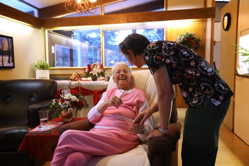 RUTH BONNEVILLE / WINNIPEG FREE PRESS

49.8 Jocelyn House Christmas
Feature piece on one of Manitoba's only hospices on the day they gather for Christmas carolling with family and friends.  Photos capturing the bitter sweet joy as residents in their end-of life stages take part in Christmas festivities with family and friends for the last time.

Jocelyn House resident  Kathe Tydik (pink) shares some laughs with   Donna Andrusiak LPN at Jocelyn House Monday.  


This is for Melissa Martin's Dec 23rd feature.  


Dec 18, 2017
