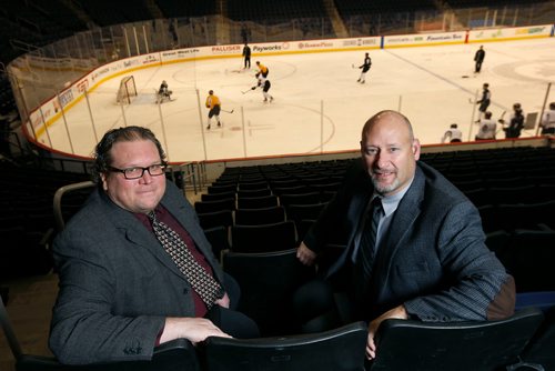 WAYNE GLOWACKI / WINNIPEG FREE PRESS

Winnipeg Free Press Sports writers Jason Bell,right, and Mike McIntyre in Bell MTS Place.  Dec. 21  2017