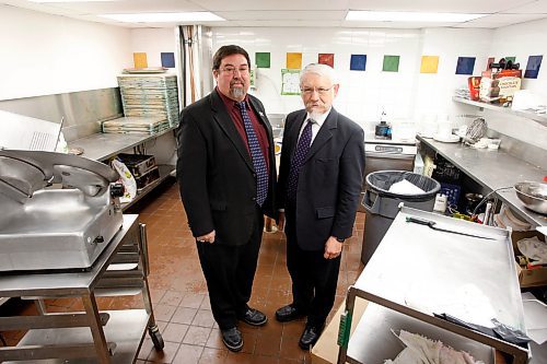 BORIS MINKEVICH / WINNIPEG FREE PRESS  081110 Richard Stokoloff and Rabbi Gabe Brojges pose for a photo in the Kosher kitchen in the basement of the Fairmont Hotel.