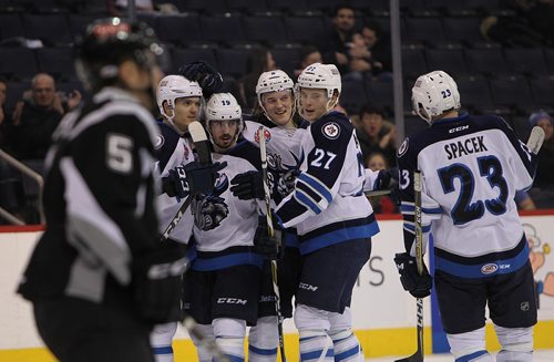 RUTH BONNEVILLE / WINNIPEG FREE PRESS

Manitoba Moose players congratulate their teammate,  #19 Nic Petan, after scoring in the 2nd period against  San Antonio Rampage bringing the score to 4 -1 for the Moosea at MTS Centte Thursday evening.  

Dec 21, 2017

