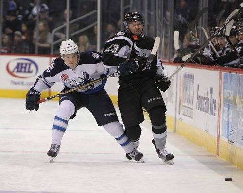 RUTH BONNEVILLE / WINNIPEG FREE PRESS

Manitoba Moose #8 Sami Niku uses his stick to slow down San Antonio Rampage #23 Shawn St. Amant during 3rd period action at MTS Centre Friday night.   

Dec 22, 2017
