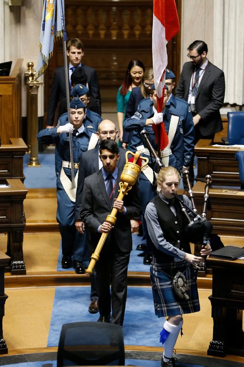 JOHN WOODS / WINNIPEG FREE PRESS
Macebearer Sukheharhat Dhillon enters the opening ceremonies of the 96th Winter Session of the Youth Parliament of Manitoba at the Manitoba Legislature Tuesday, December 26, 2017.