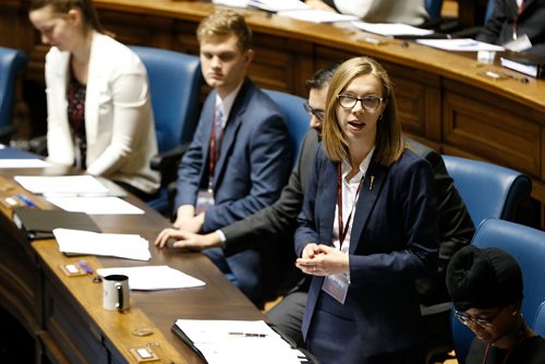 JOHN WOODS / WINNIPEG FREE PRESS
Deputy Premier Adrienne Tessier speaks at the opening ceremonies of the 96th Winter Session of the Youth Parliament of Manitoba at the Manitoba Legislature Tuesday, December 26, 2017.