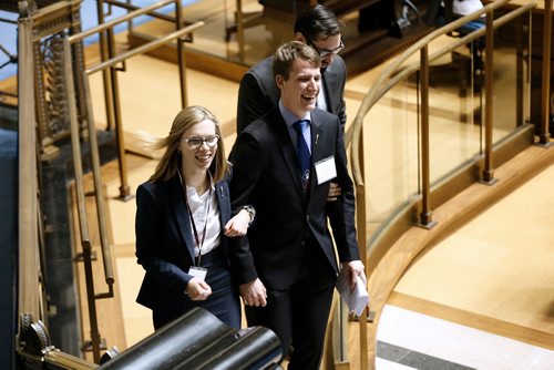 JOHN WOODS / WINNIPEG FREE PRESS
Deputy Premier Adrienne Tessier and Premier Ariel Melamedoff escort Speaker Joey Broda (centre) to the speaker's chair after being "caught" as part of the opening ceremonies of the 96th Winter Session of the Youth Parliament of Manitoba at the Manitoba Legislature Tuesday, December 26, 2017.