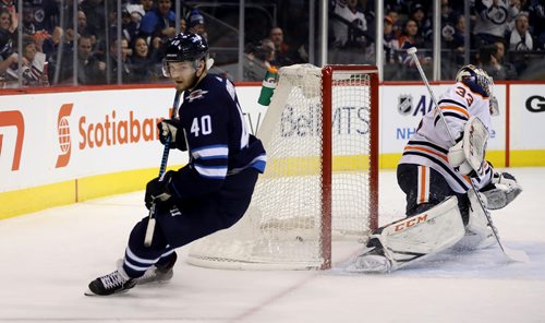 TREVOR HAGAN / WINNIPEG FREE PRESS
Winnipeg Jets' Joel Armia (40) scores on Edmonton Oilers' goaltender Cam Talbot (33) during second period NHL hockey action, Wednesday, December 27, 2017.