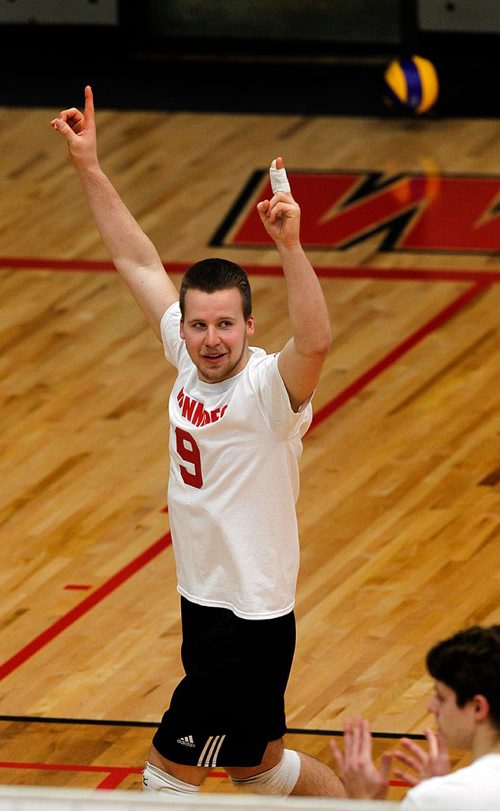 PHIL HOSSACK / WINNIPEG FREE PRESS - Wesmen's #9 David Bommersbach celebrates a point against UNB THursday evening at the Duckworth Centre. See story.  -  December 28, 2017