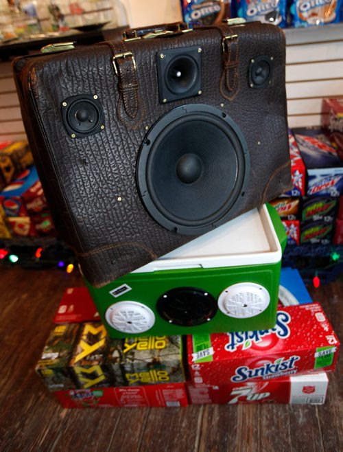 PHIL HOSSACK / Winnipeg Free Press - Intersection - Doug Touchette creates suitcase "BoomBox".  This one from a full grain leather antique case. See Dave Sanderson's story.  December 29, 2017