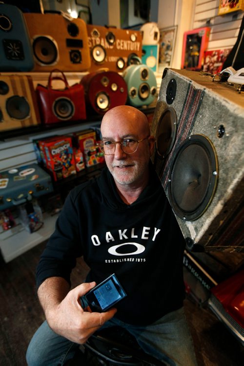 PHIL HOSSACK / Winnipeg Free Press - Intersection - Doug Touchette poses with some of his suitcase "BoomBox" creations. See Dave Sanderson's story.  December 29, 2017