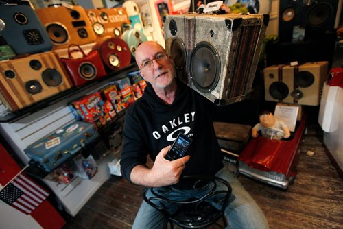 PHIL HOSSACK / Winnipeg Free Press - Intersection - Doug Touchette poses with some of his suitcase "BoomBox" creations. See Dave Sanderson's story.  December 29, 2017