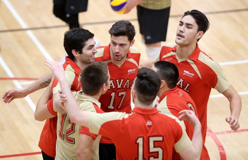 TREVOR HAGAN / WINNIPEG FREE PRESS
Université Laval Rouge Et Or celebrates a point during their game against the University of Manitoba's during Wesmen Classic volleyball at the Duckworth Centre at the University of Winnipeg, Saturday, December 30, 2017.