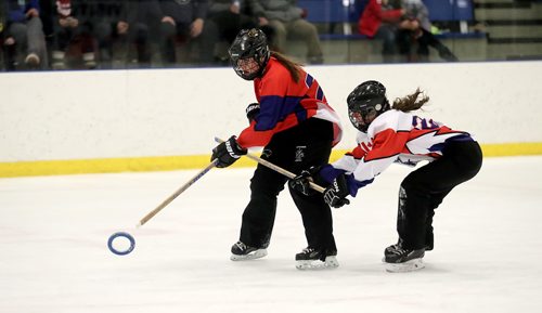 TREVOR HAGAN / WINNIPEG FREE PRESS
Jessica Nott fires a shot in front of Hayley Wiebe during the U19A ringette all-star game, Saturday, December 30, 2017.